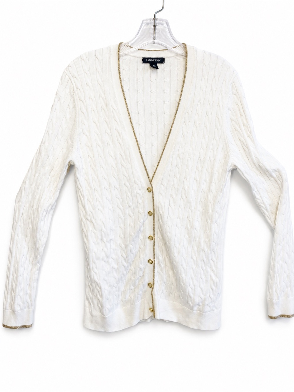 Lands' End Women's White Cable-Knit V-Neck Cardigan with Gold Trim Medium EUC